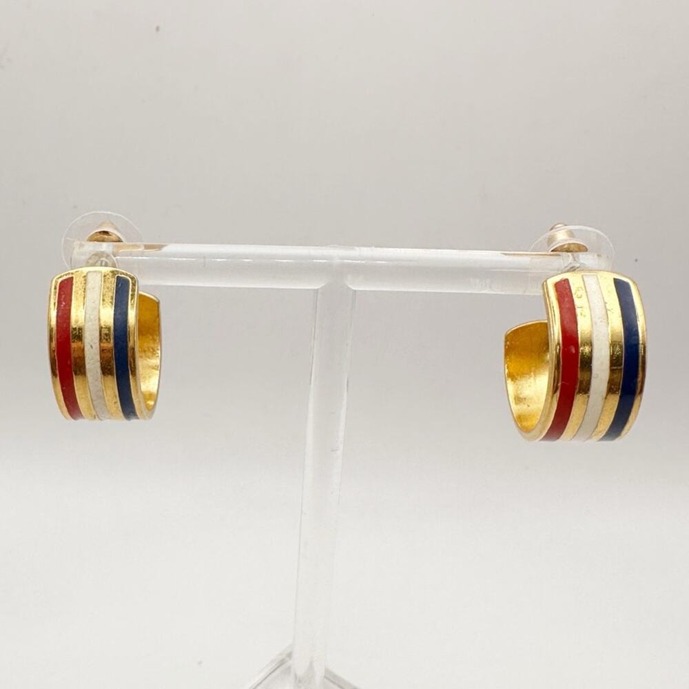 Avon American Glory Earring Costume Jewelry Gold Red White Blue Striped Hoop 90s - Picture 2 of 8